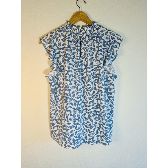 Melloday Short Sleeve Top Size Large Blue Floral  Ruffle Neck - Picture 5 of 11